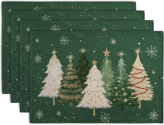 Green Christmas Tree Placemats Set of 4, 12x18 Inch Xmas Trees Snowflakes Winter Holiday Place Mats Seasonal Washable Linen Table Mats for Indoor Outdoor Kitchen Dining Party Décor