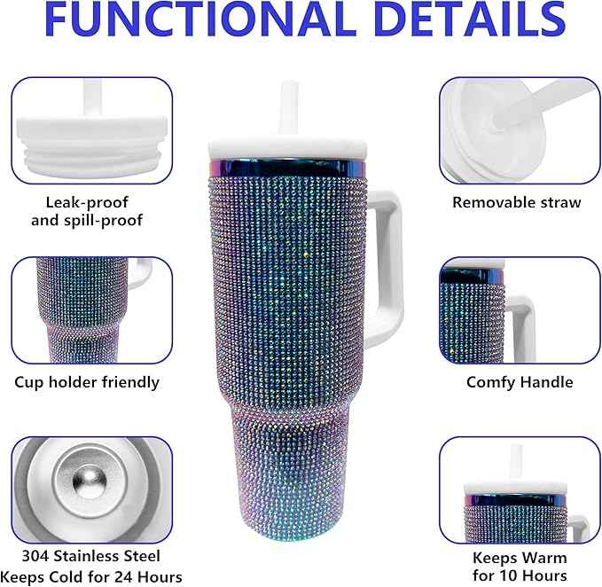 40-OZ Insulated Water Bottle,Insulated Stainless Steel Tumbler,Reusable Cold Drink Thermos,BPA-Free, Double-Wall Stainless Steel Water Bottle (Colorful-Diamond, 40, Fluid Ounces)