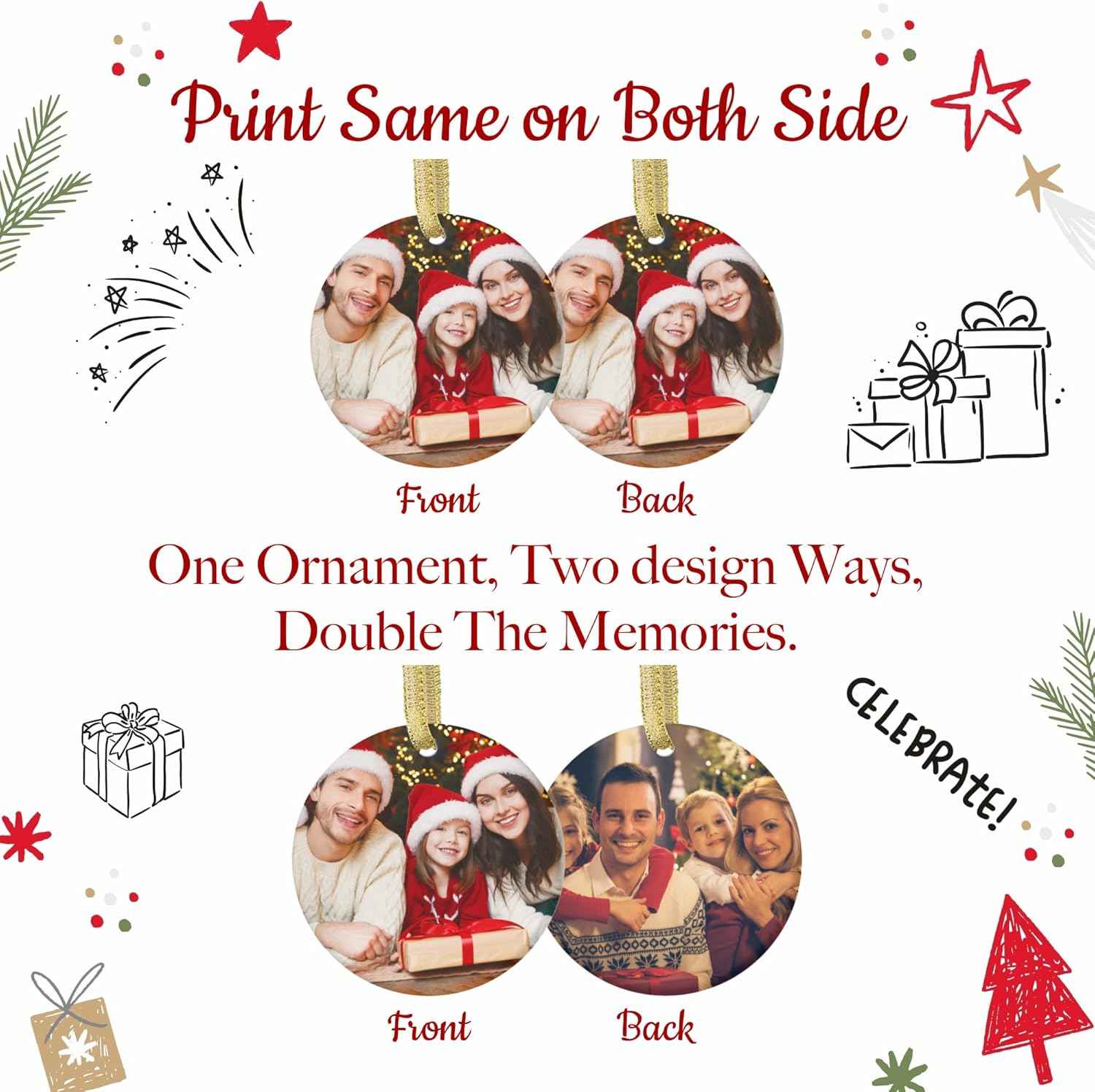 Double Sided Personalized Christmas Ornaments with Photo Custom Christmas Ornament 2025 Customized Xmas Wreath Ornaments for Family Friend Dog Gift - Ceramic, Glass, Wood, Acrylic Materials