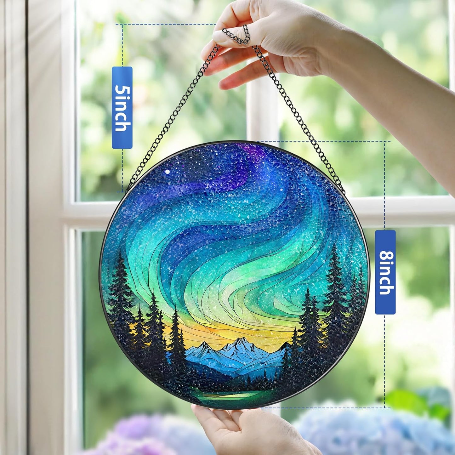 Stained Glass Window Hanging - 8 Inch Northern Lights Suncatcher for Window Doors Home Decoration, Valentine's Day Mother's Day Christmas Birthday Gifts for Women, Men, and Mom Grandma