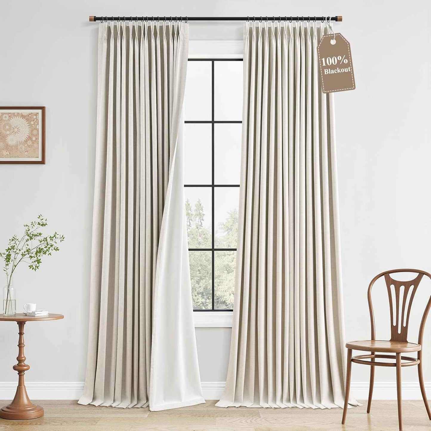 100% Blackout Extra Long Linen Pinch Pleated Curtains 9 Ft Natural Cream Drapes Room Darkening Thermal Insulated with Back Tab, Boho Ceiling to Floor Curtain for Bedroom 2 Panels 108 Inches Long