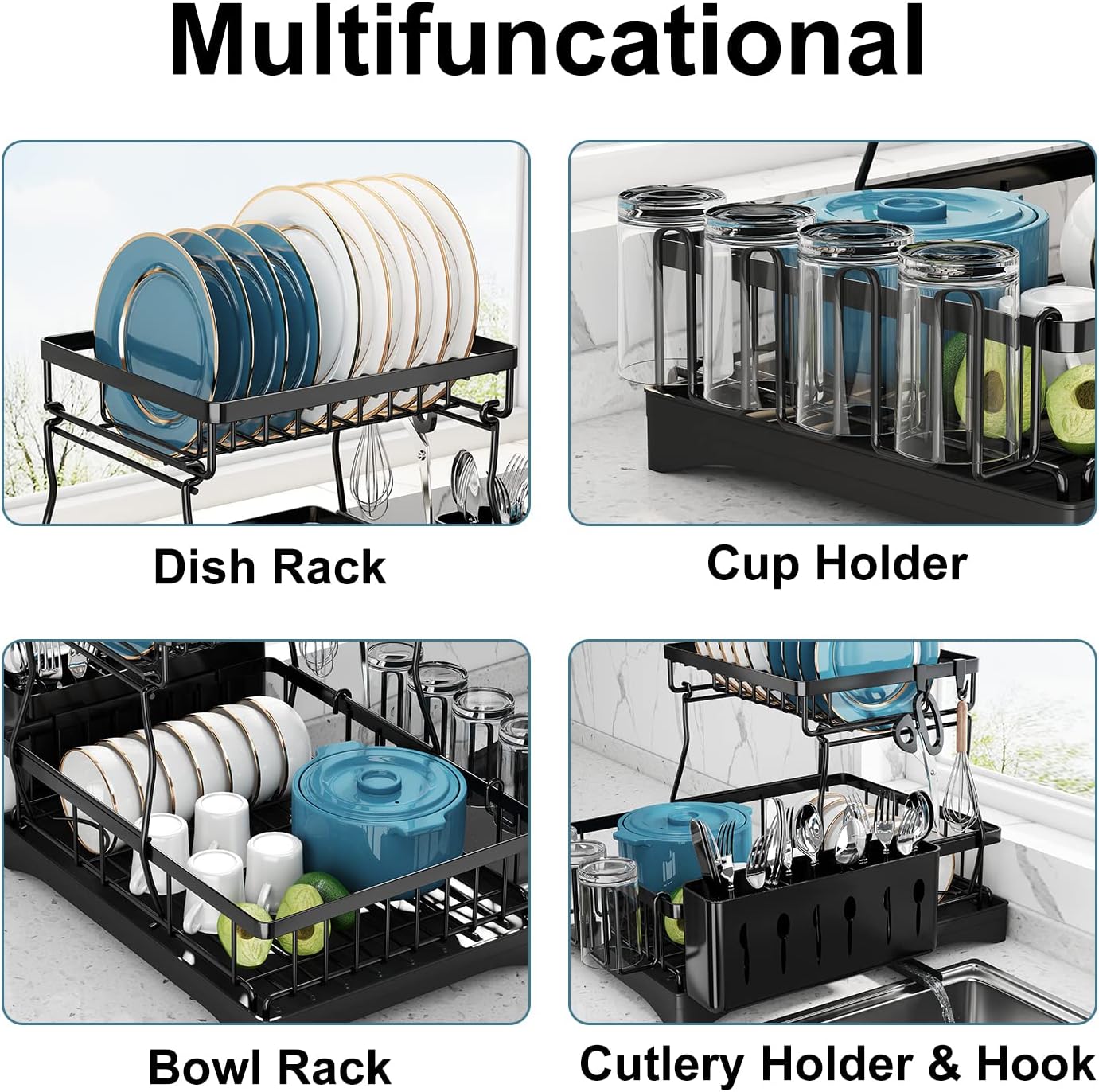 Dish Drying Rack, 2 Tier Dish Racks for Kitchen Counter, Large Stainless Steel Kitchen Dish Drying Rack with Drainboard, Detachable Dish Drainers with Utensil Holders