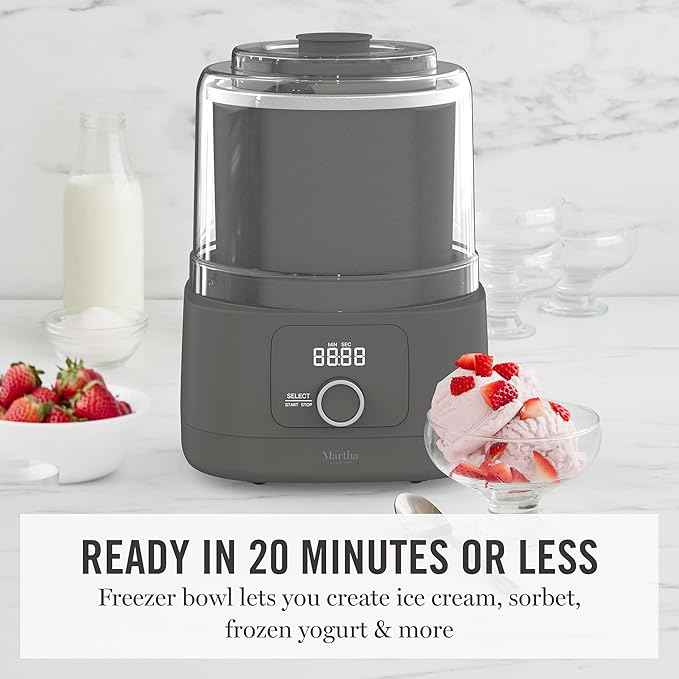 Martha Stewart Ice Cream Maker, 2 Quart Double-Insulated Freezer Bowl, Sorbet & Frozen Yogurt, Ready in 20 Minutes, Mix-Ins Chute, Easy to Clean, Caviar Gray