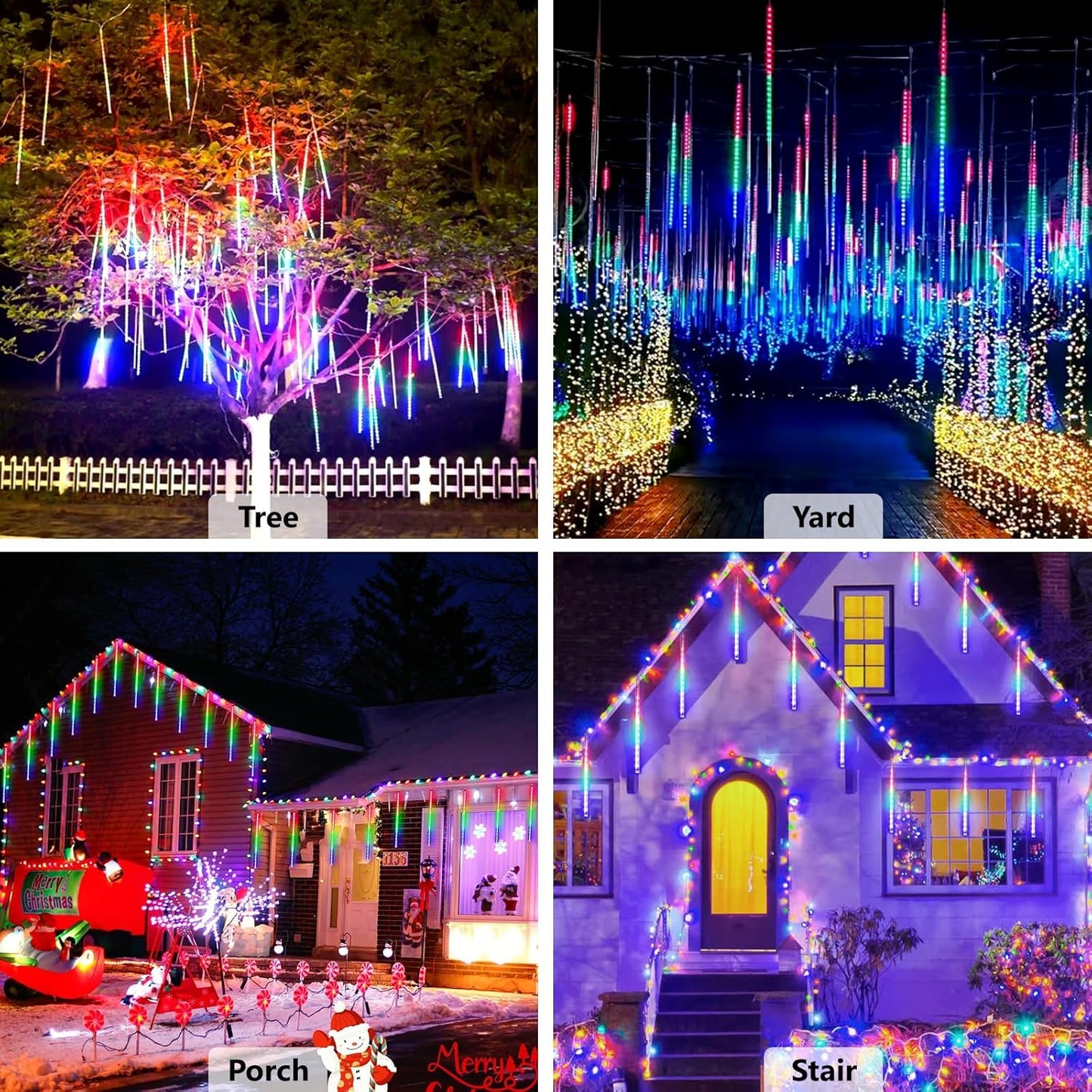 Christmas Meteor Shower Lights 8 Tubes 11.8 inch 360 LED Icicle Lights Waterproof Falling Rain Light US Plug for Tree House Yard Party Outdoor Decor (Multicolor)