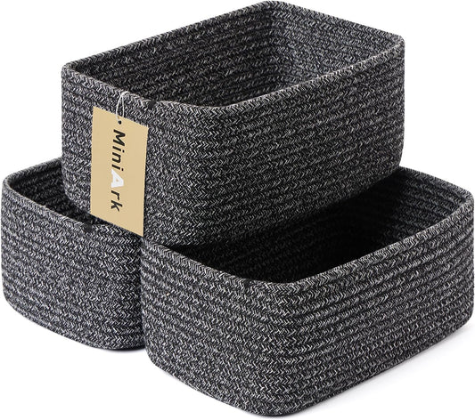Small Storage Baskets for Organizing | Closet Organizer Bins | Shelf Toy Basket | Woven Rope Baskets | Cube Decorative Box | Shallow Basket | 11.5x7.5x4.7” | 3 Packs Dark Gray