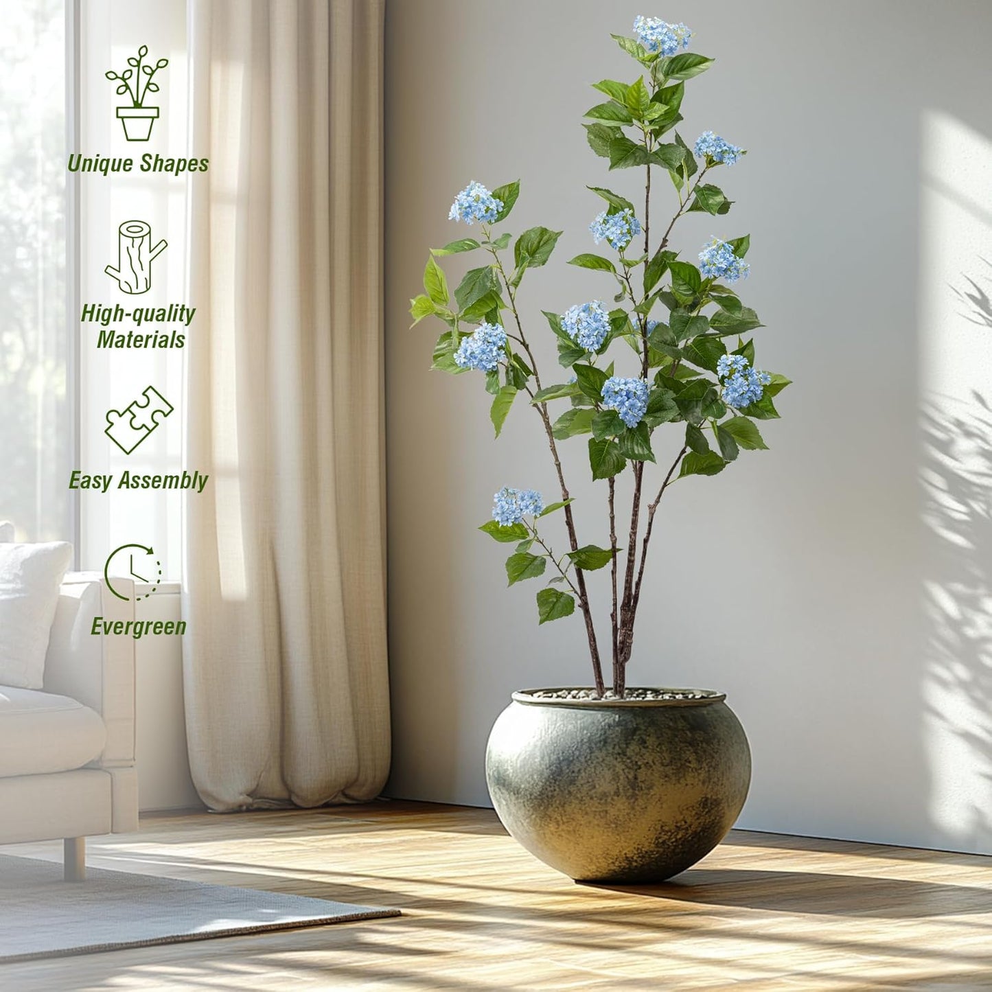 Fake Plants Home Decor Artificial Plants Outdoor Hydrangea Artificial Plants Indoor Fake Tree Living Room Decor Artificial Tree Porch Decor Fiddle Leaf Fig Tree 6Ft (Blue)