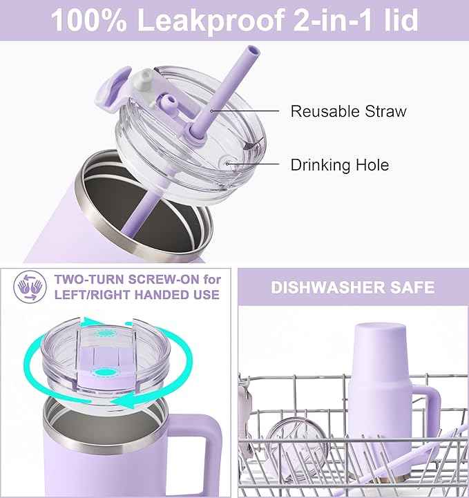 SUNWILL Coffee Tumbler with Handle, 30 oz Travel Mug with Lid and Straw Insulated, Stainless Steel Cup Leak Proof for Travel & Outdoor, Cupholder Friendly, Powder Coated Orchid