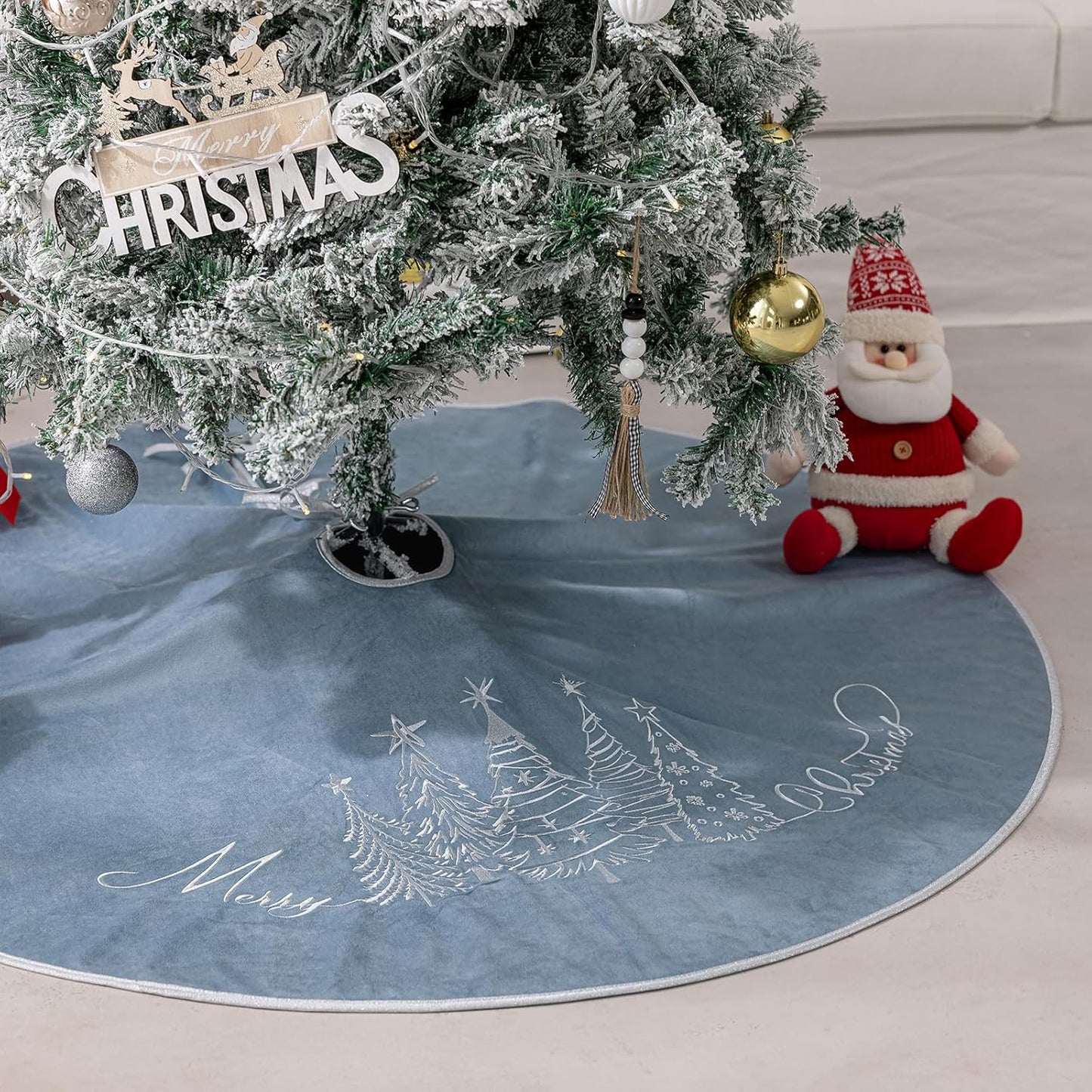 CROWNED BEAUTY Christmas Tree Skirt Blue Velvet Collar 50 Inch Embroidered Silver Pine Trees Soft Plush Fur Holiday Decoration (Blue) TS42-50