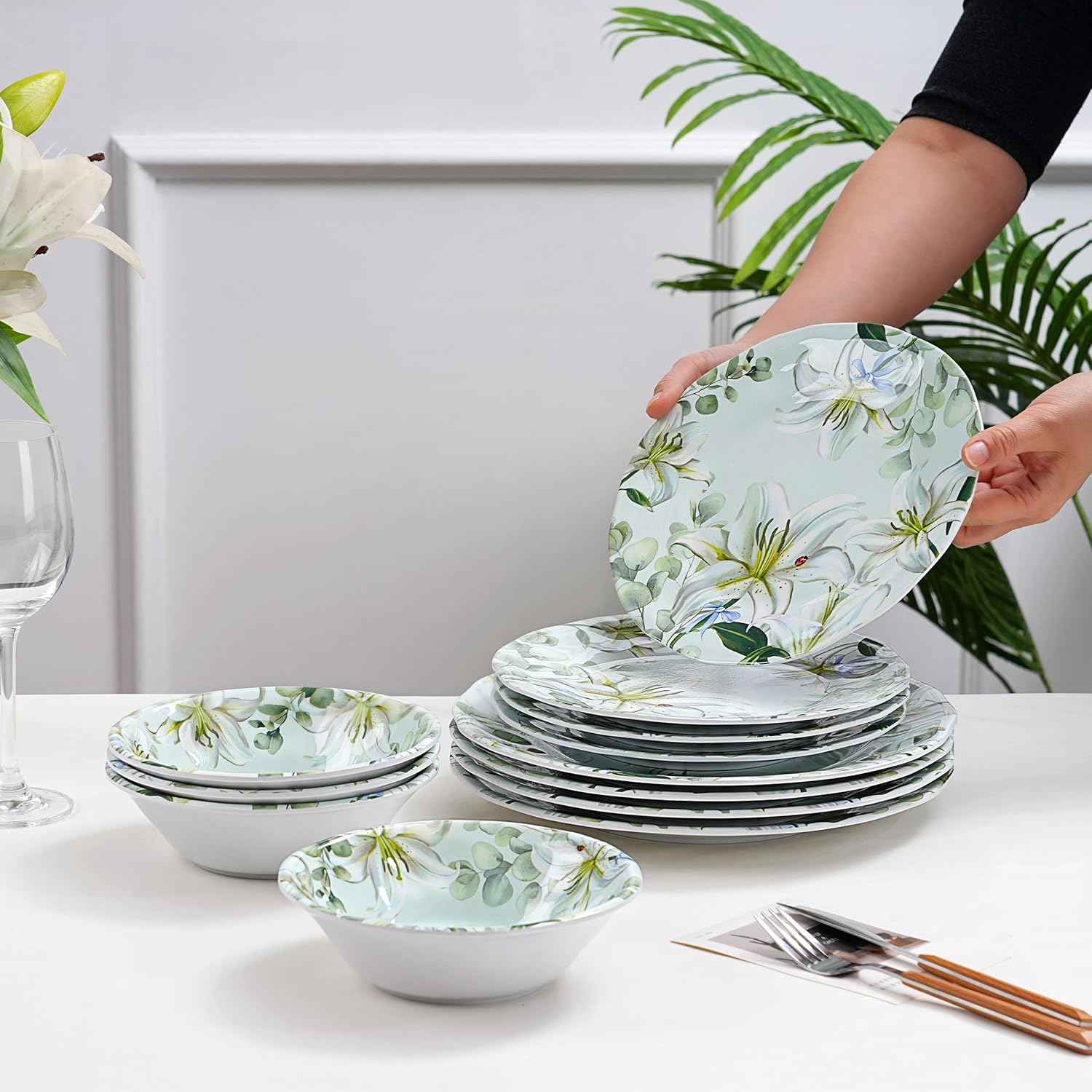 12-Piece Melamine Dinnerware Set - Shatterproof Plates and Bowls Sets for Everyday Dining,Elegant Lily Pattern Dish Set, Outdoor Picnics and RV Camping Green & White