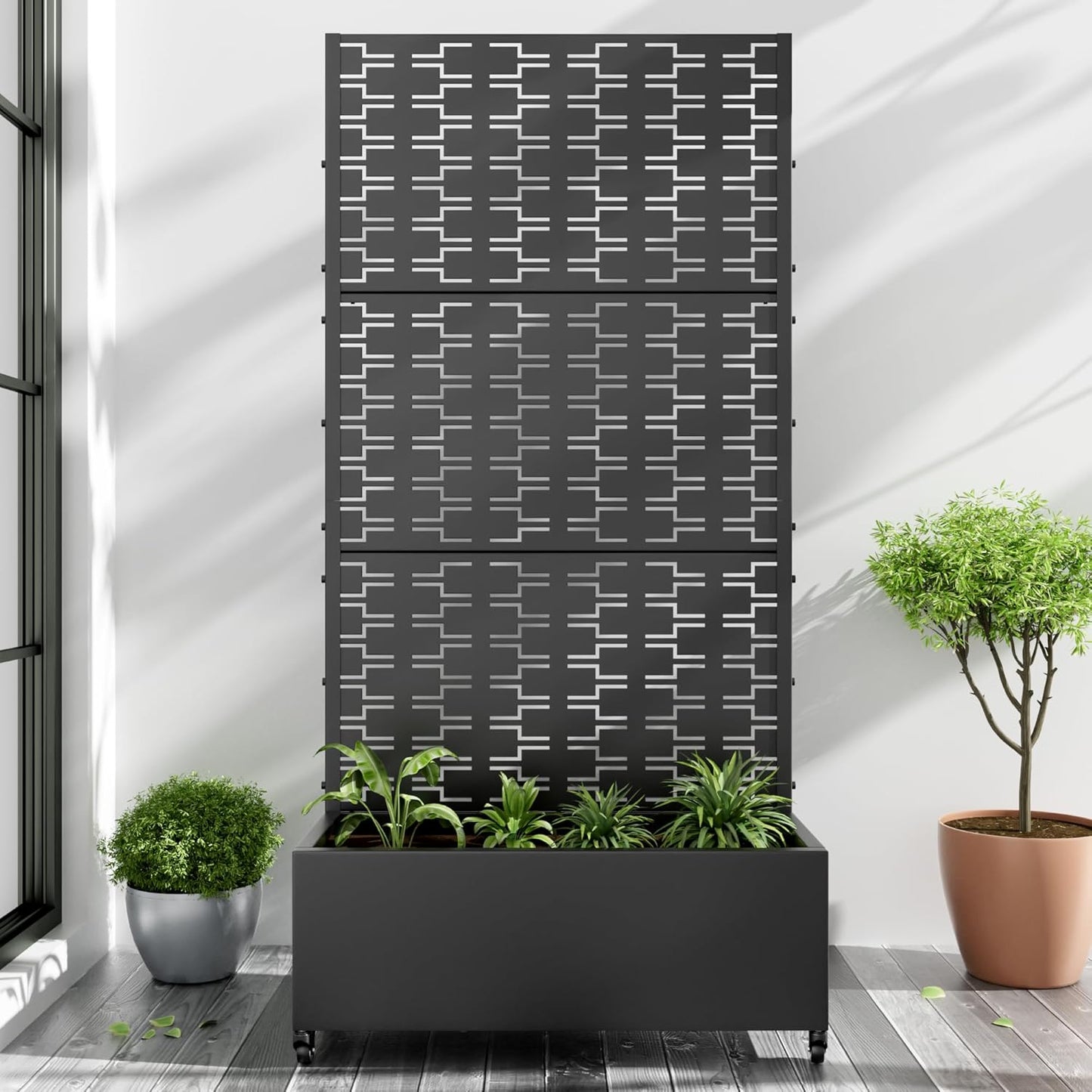 Casaphoria Metal Raised Garden Bed with Trellis and Wheels, 72"x35"x16" Planter Box for Climbing Plants, Vegetables & Vines, Features Drainage Holes and Privacy Screen (Black-Square)
