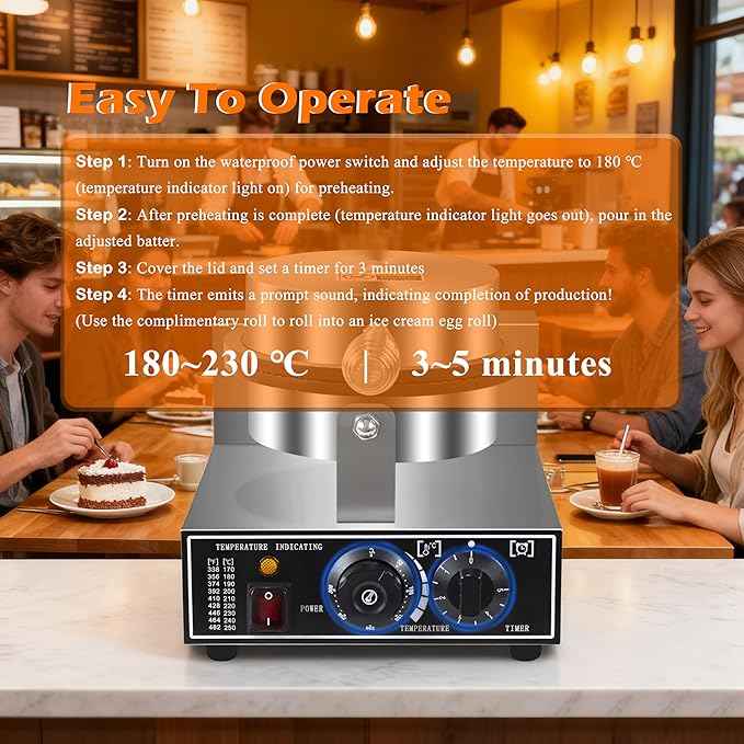 110V Electric Ice Cream Cone Maker 1300W Commercial Waffle Cone Machine 1300W Electric Stainless Steel Egg Cone Baker Non Stick coating with Temp & Time Control for for Restaurant Bakeries