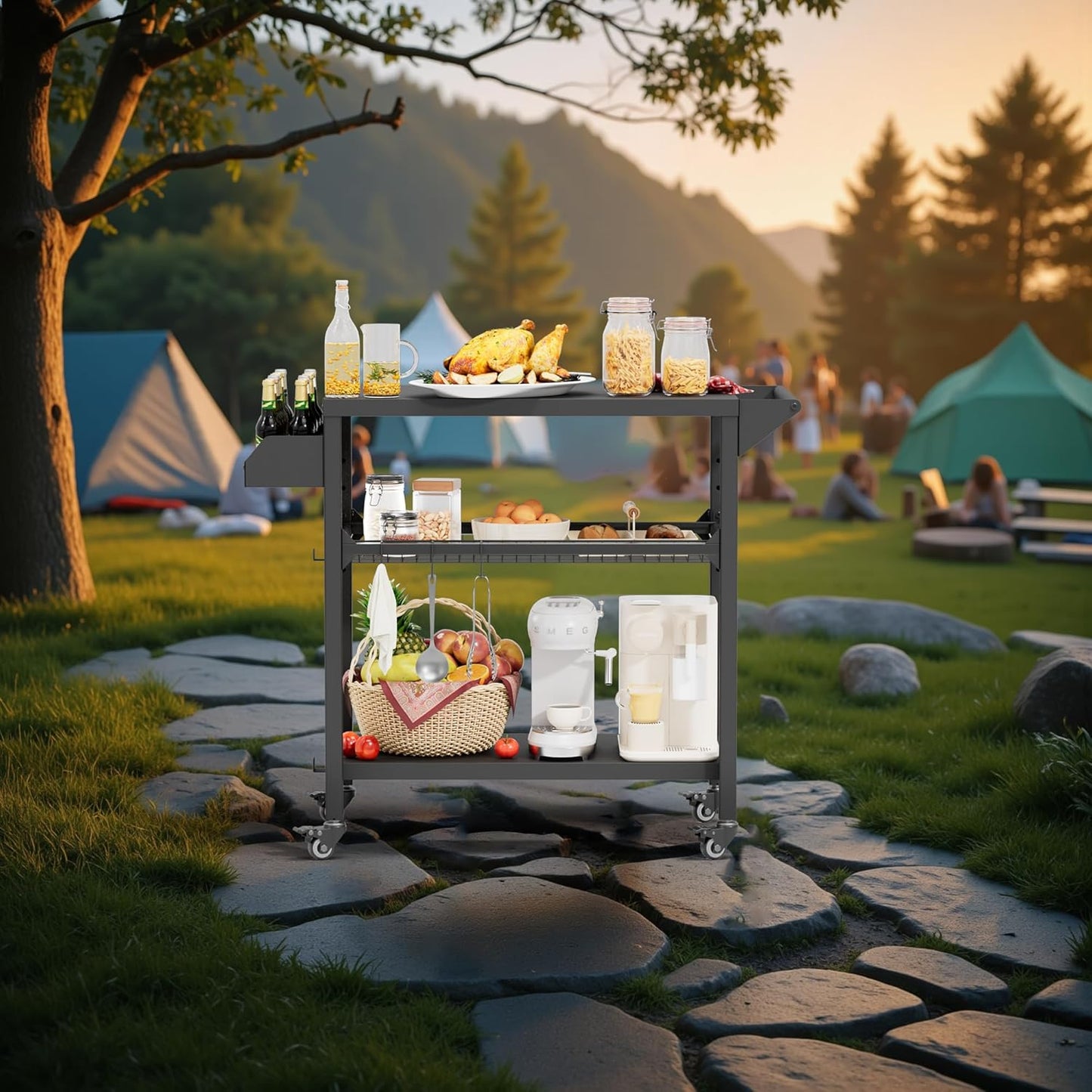 SUNCROWN Outdoor Grill Table with Wheels, Kitchen Cooking Prep Tables Movable BBQ Grill Cart for Garden, Camping, Home Party, Bar, Pizza Oven Table Stand