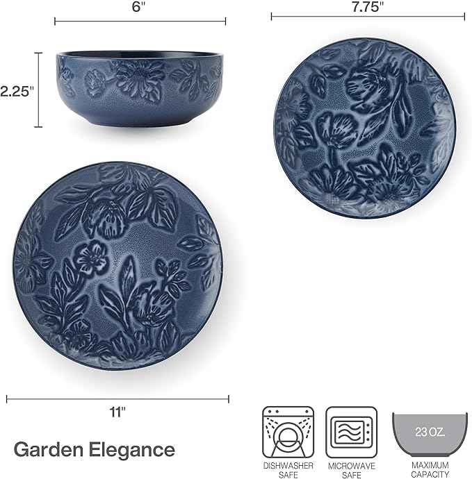 Paltzgraff Garden Elegance 12 Piece Floral Stoneware Dinnerware Plate Bowl Dish Set, Service for 4, Blue