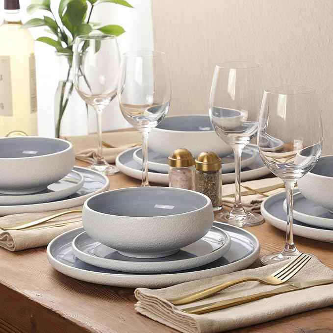 Gibson Elite Pacifco Beach Plates and Bowls Sets, 12-Piece Stoneware Dinnerware Sets, Reactive Glaze Dish Set - Blue