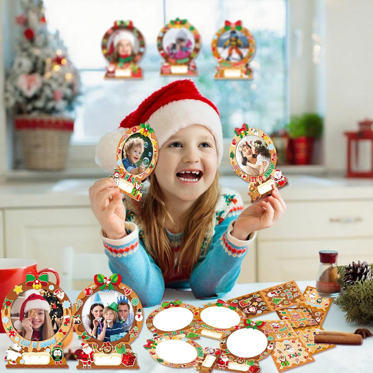 24 Pack Christmas Picture Frame Craft Kits for Kids, Xmas DIY Gingerbread Man Candy Photo Craft Christmas Hanging Frame Ornaments for Xmas Tree Holiday Art Decorations Home Class Game Activities