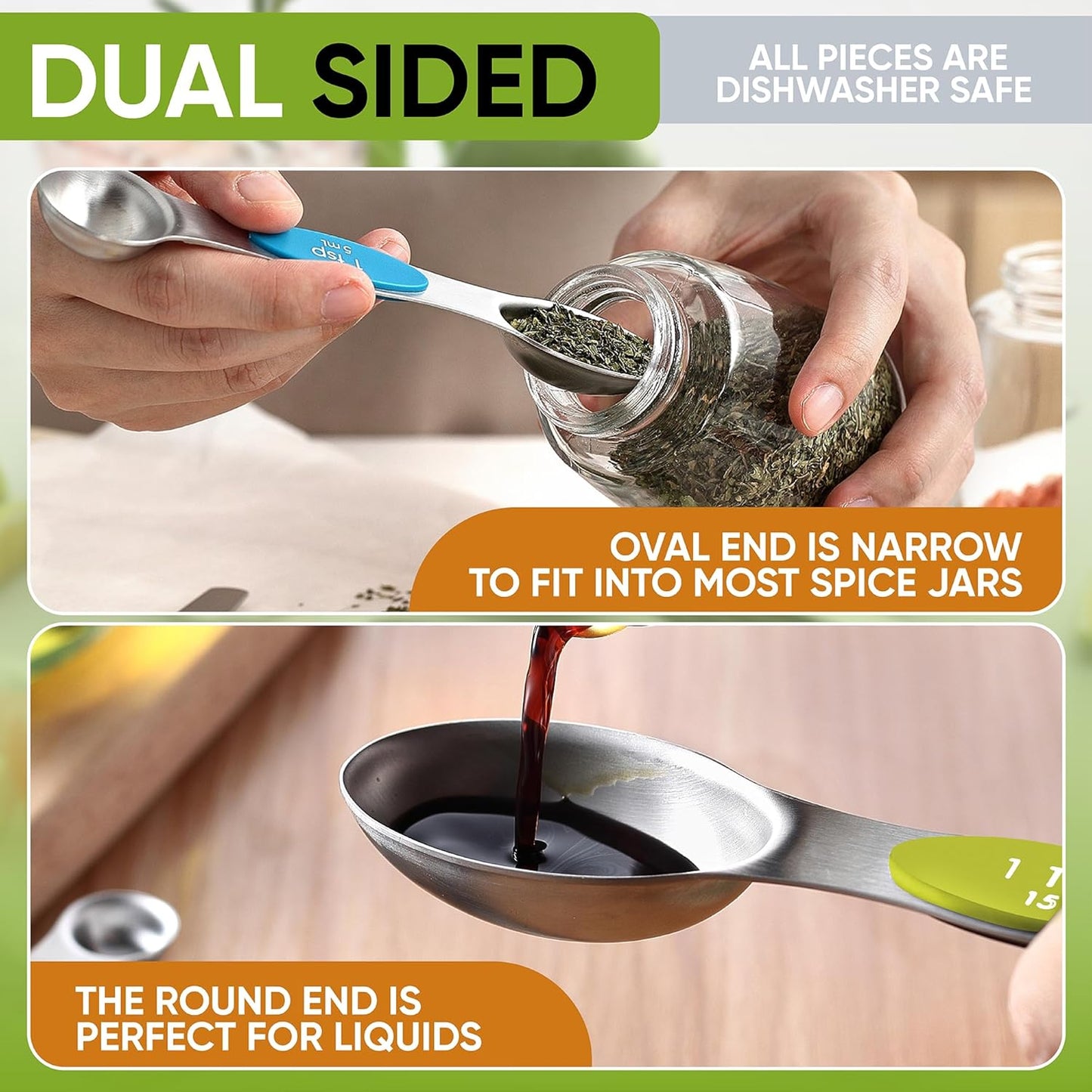 Spring Chef Magnetic Measuring Cups & Spoons Set, Patented, Strong N45 Magnets, Heavy Duty Stainless Steel Fits in Spice Jars for Baking & Cooking, BPA Free, Set of 15 with Leveler, Multicolor