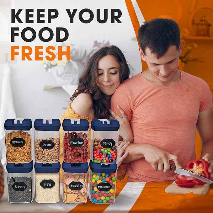 Cheer Collection Airtight Food Storage Containers, Kitchen Storage Containers for Pantry, Set of 8 Food Containers with Lids Airtight, Pantry Storage Containers & Organizers with Lids, Navy Blue