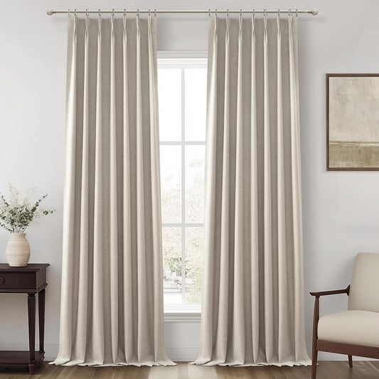 Grey Flax Beige 120 Inch Length Linen Pinch Pleated Viral Thick 10 ft Curtains Blackout & Drapes 2 Panels Set for Living Room, Tall High Ceiling Large Windows Bug with Memory Trained(40"Wx120"Lx2)