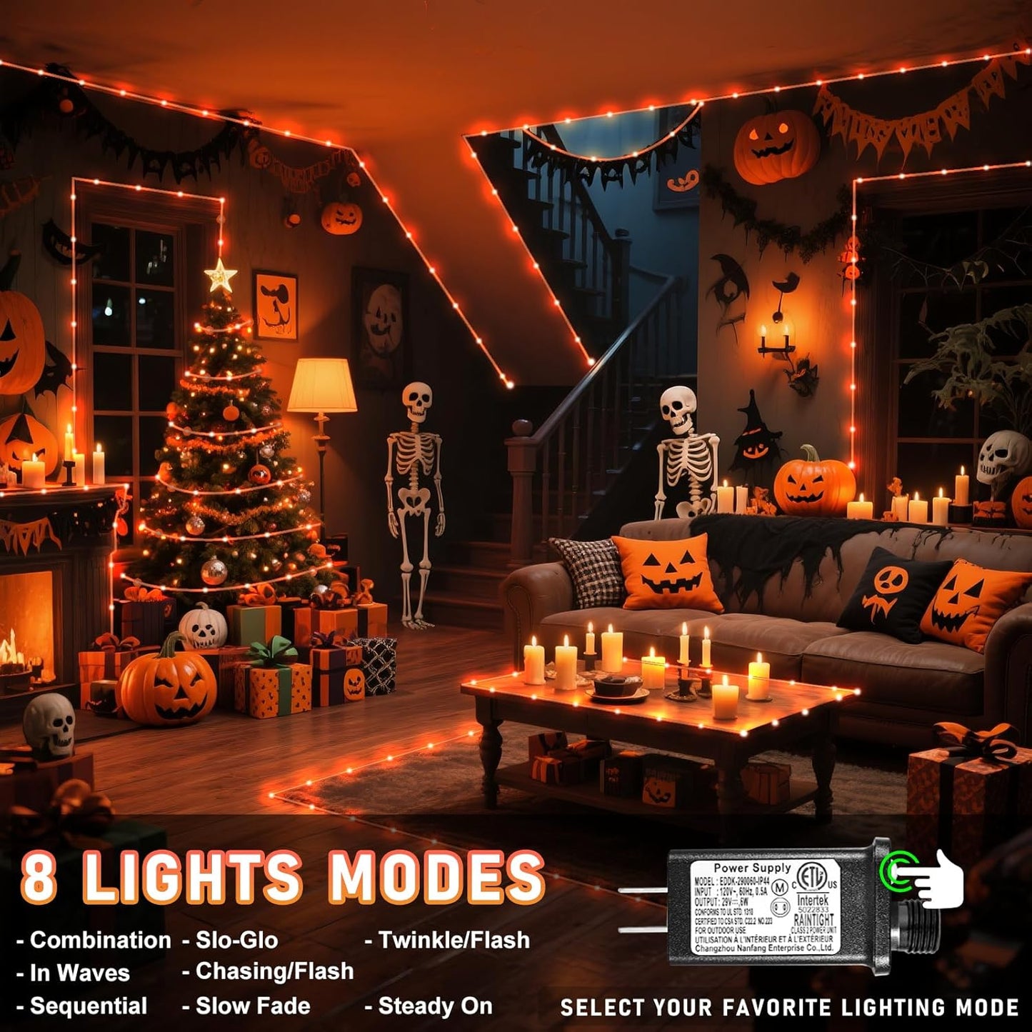 Orange Halloween Lights, 66FT 200 LED Rope Lights for Outside Waterproof with 8 Modes, Connectable Tube String Lights for Indoor, Garden, Backyard, Patio, Deck, Pool, Tree Decorations