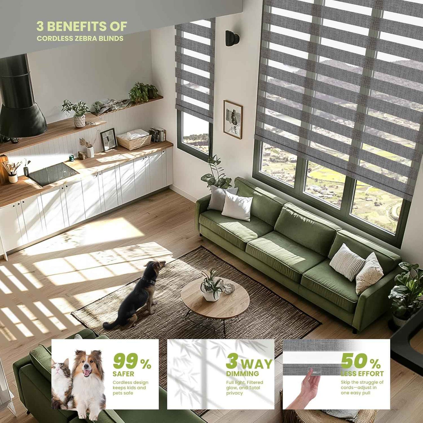 Cordless Zebra Blinds for Windows -Customizable Dual Layer Light Control Zebra Shades, Light Filtering & Blackout Window Blinds, Easy Install Zebra Blind for Home, Grey, 21" W x 72" H