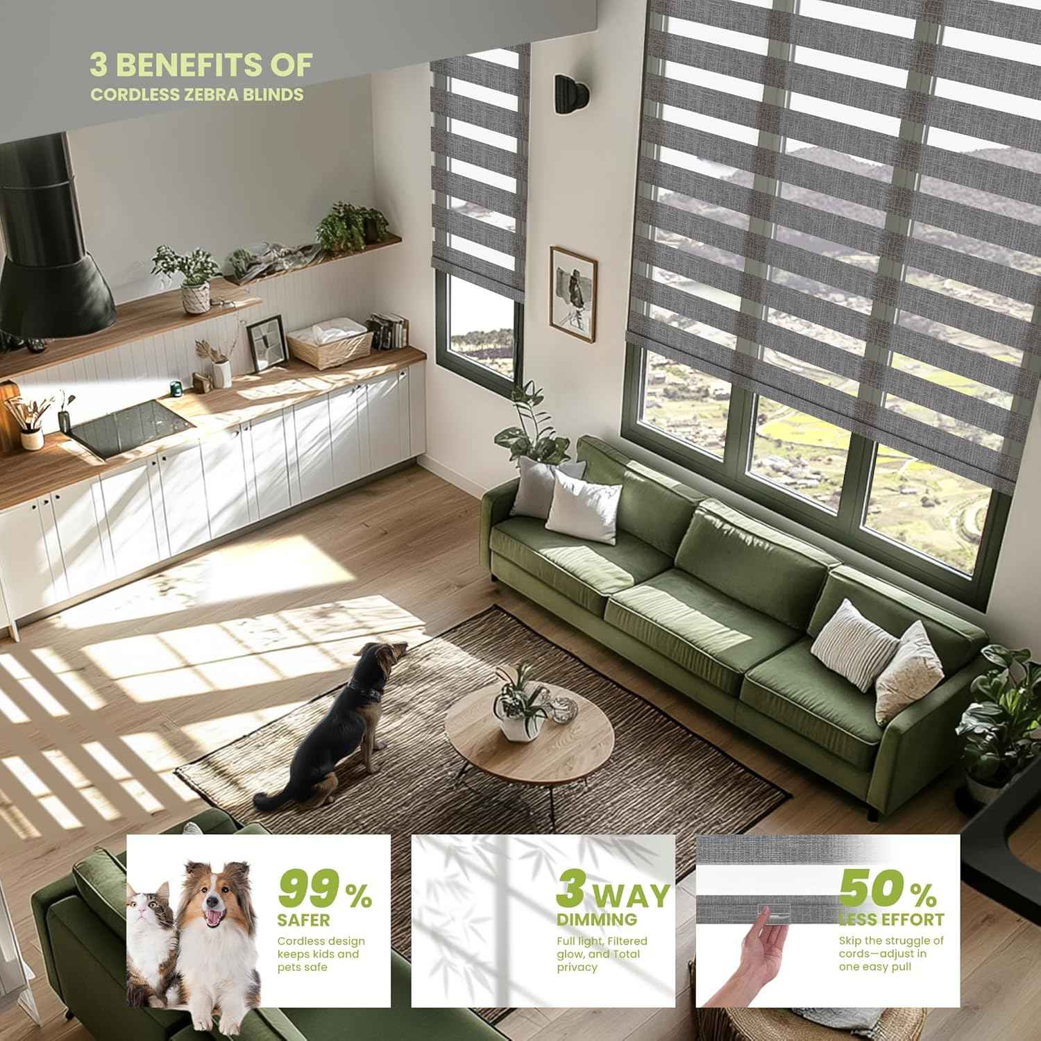 Cordless Zebra Blinds for Windows -Customizable Dual Layer Light Control Zebra Shades, Light Filtering & Blackout Window Blinds, Easy Install Zebra Blind for Home, Grey, 21" W x 72" H