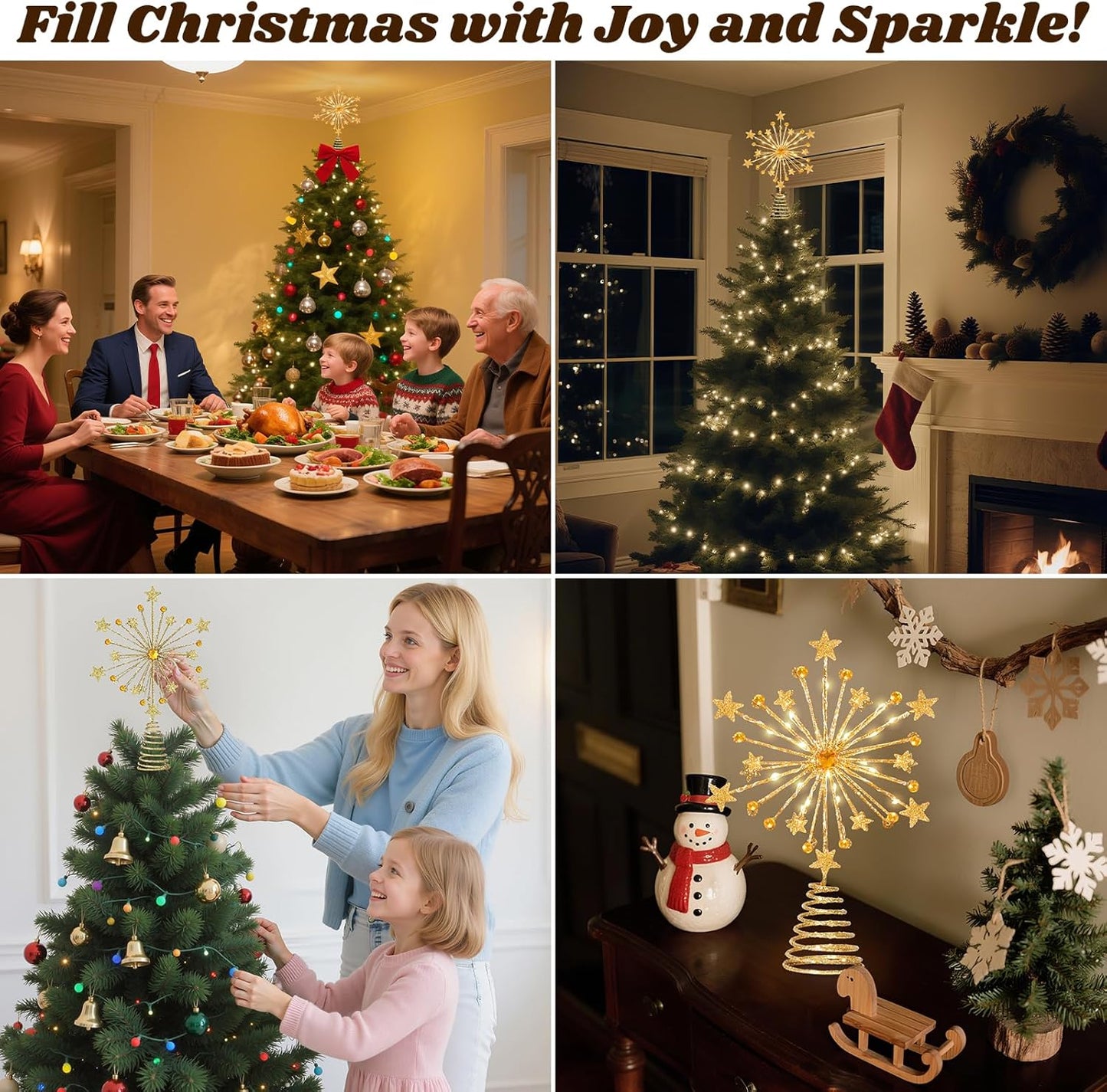 Lewondr Christmas Tree Topper, 13'' Metal Twinkly Xmas Starburst Tree Topper with 20 LED Bulbs, USB Powered Lighted Star Treetop for Christmas Ornaments, Remote Control, 6H Timer, 8 Light Modes, Gold