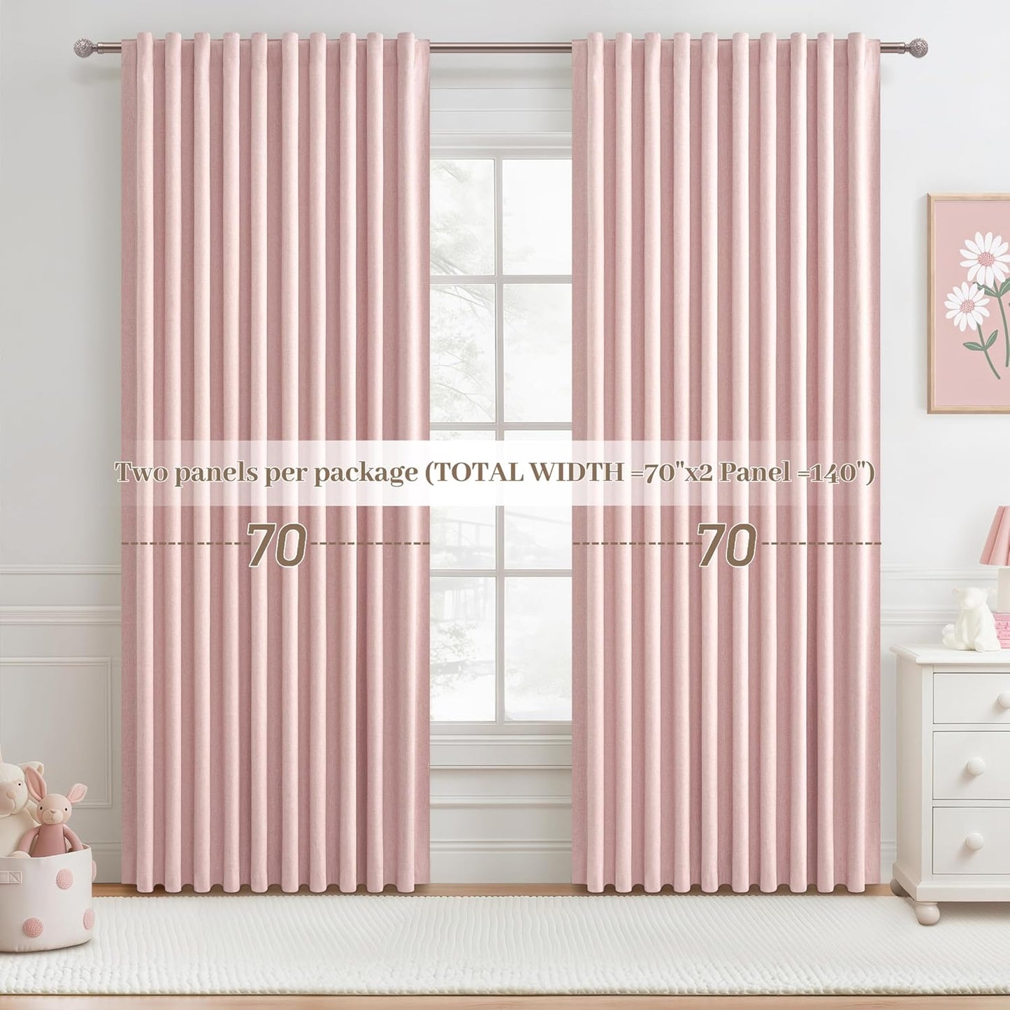 Cute Baby Pink Blackout Curtains 70 Inches Extra Wide Pleated for Grils Bedroom 2 Panels Set, 96 Inch Long Curtain for Sliding Glass Doors Thermal Large Window Heavy Duty Drapes (W70xL96x 2 Panels)