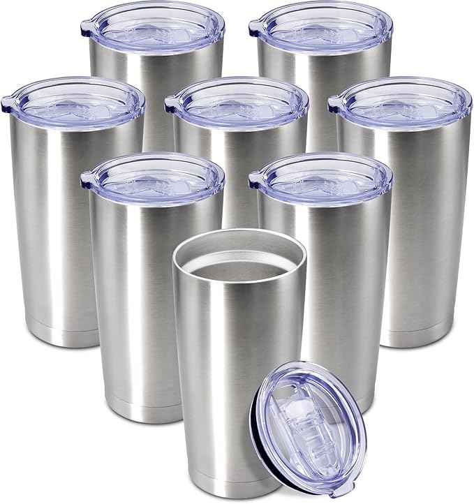 20 oz Tumbler Coffee Travel Tumblers Bulk with Lid Stainless Steel Double Wall Vacuum Insulated Mug Powder Coated Cups fit Car Cupholder for Hot and Cold - Stainless Steel, 8Pack