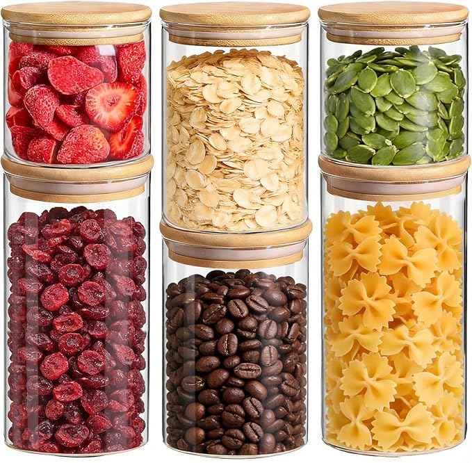 ComSaf Glass Storage Containers with Lids (0.6qt/1qt/1.5qt) Set of 6,Glass Pantry Storage Containers with Airtight Lid & lables for Dry Food, Snacks, Nuts, Stackable for Kitchen, Pantry Organization