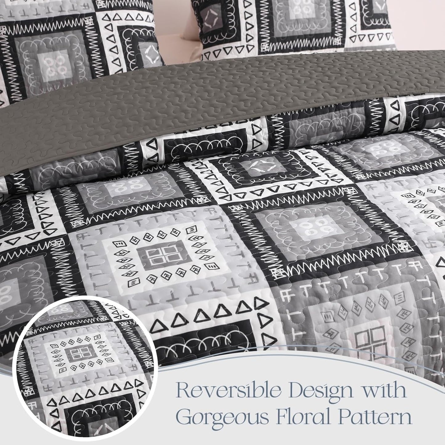 Exclusivo Mezcla Reversible Boho Quilt Set Twin Size, 2 Pieces Patchwork Black All Season Bedspreads, Ultra Soft Floral Coverlet Bedding Set with Printed Pattern (1 Quilt, 1 Pillow Sham)