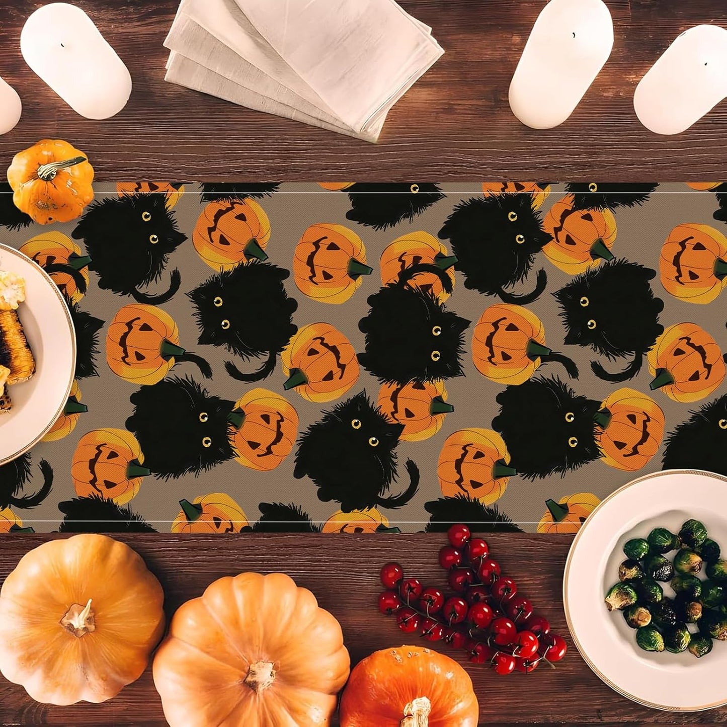 Halloween Table Runner Black Cat Pumpkins Seasonal Kitchen Dining Table Home Outdoor Party Decorations 13x60 Inch