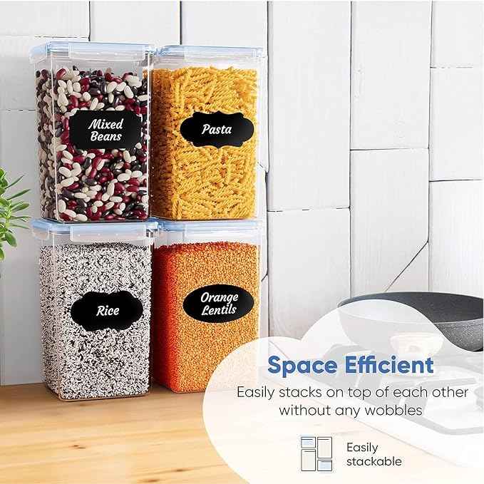 Chef's Path Extra Large Airtight Food Storage Containers with Blue Lid Color, Pack of 6, Kitchen and Pantry Canisters for Flour, Sugar, and Baking Supplies, Includes Measuring Spoons, Labels, and Pen