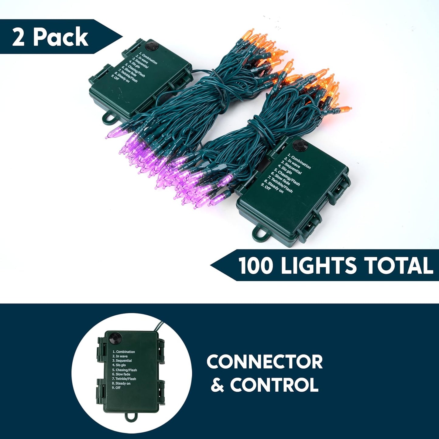 Joiedomi 16.3FT Orange&Purple Halloween Lights,2×50 Count Battery Operated Christmas String Tree Fairy LED Lights with 8 Modes,Multifunction Green Wire with Timer for Xmas Decor Party Holiday