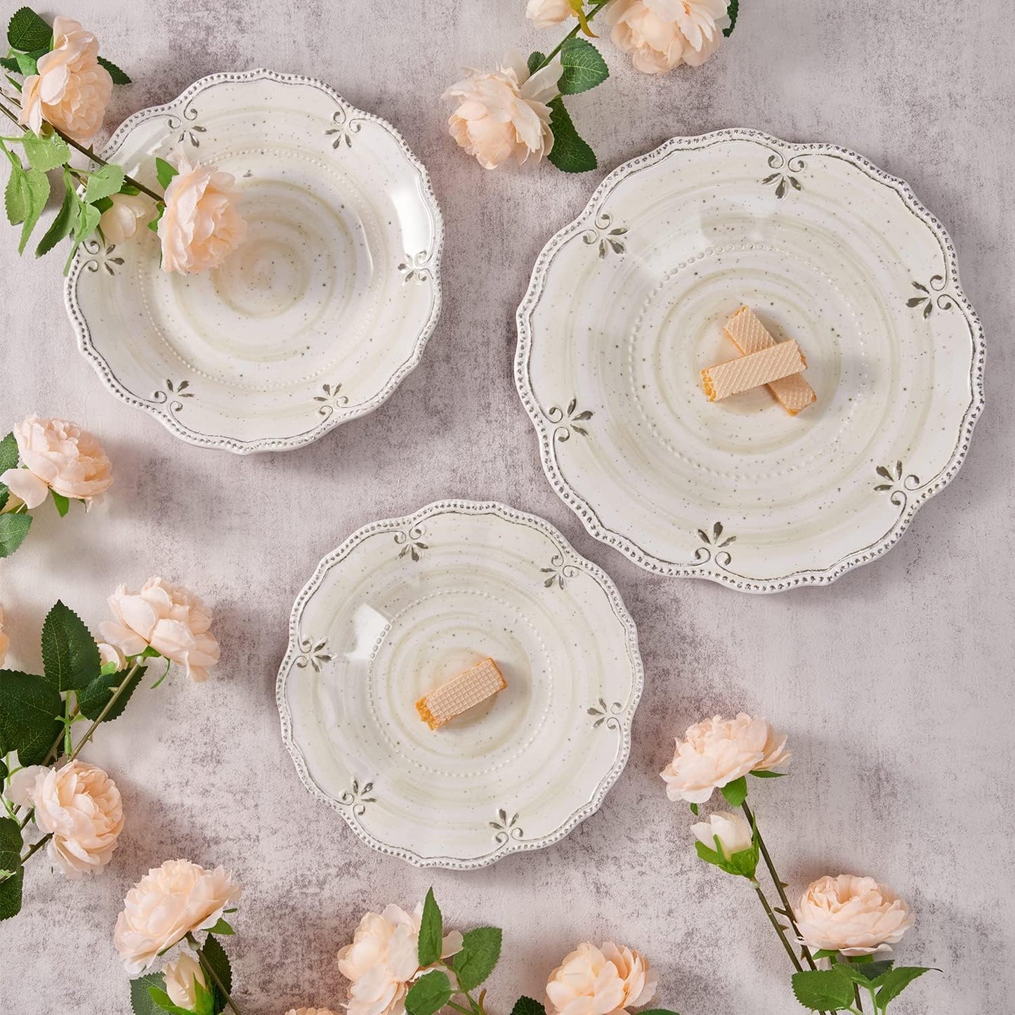 Dinnerware Sets 12 pcs Plates and Bowls Sets Melamine Plates Indoor and Outdoor use French Court Style Dish Set Plate Set for 4 Dishwasher Safe（White）