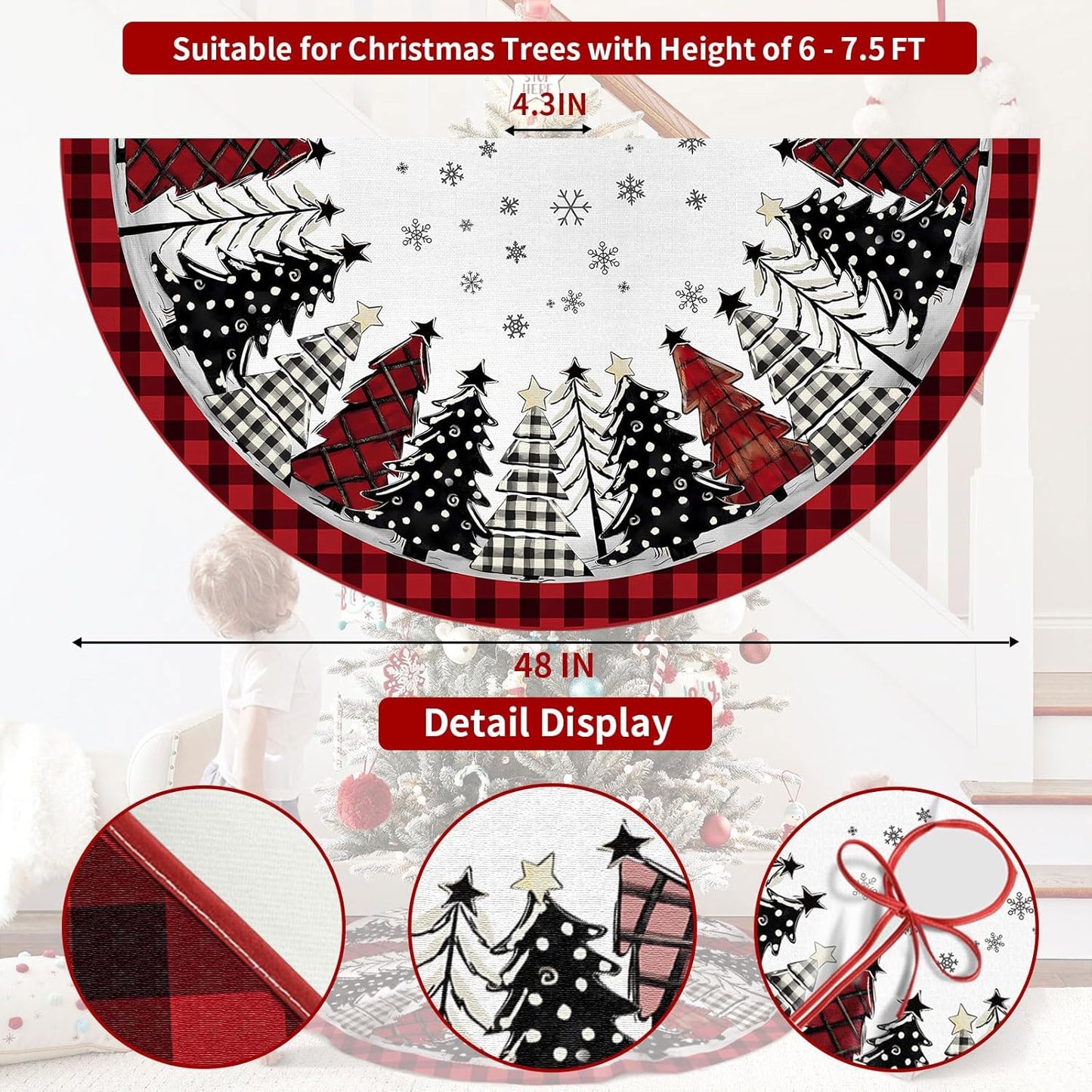 Christmas Tree Skirt 48 Inch, Red and Black Buffalo Plaid Xmas Tree Skirt, Winter Christmas Tree Mat for Home Party Holiday Indoor Outdoor Decorations
