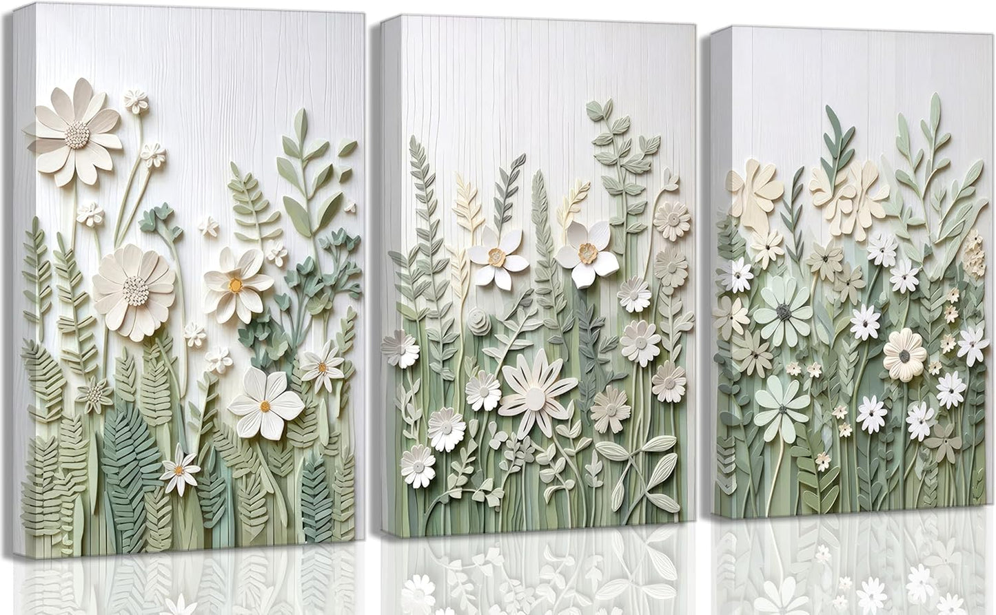 3 Pcs Sage Green Wildflowers Canvas Wall Art Neutral Minimalist Abstract Boho Floral Botanical Painting Pictures Wall Decor Poster Print Artwork for Living Room Bedroom Home Decoration