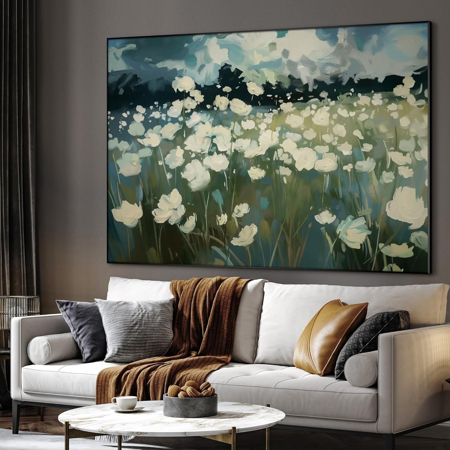 SIGNWIN 46"x60" Extra Large Framed Wall Art White Wildflower Field in Impressionist Style, Soft Floral Landscape for Home Living Room Bedroom Decor (Frame Assembly Required)