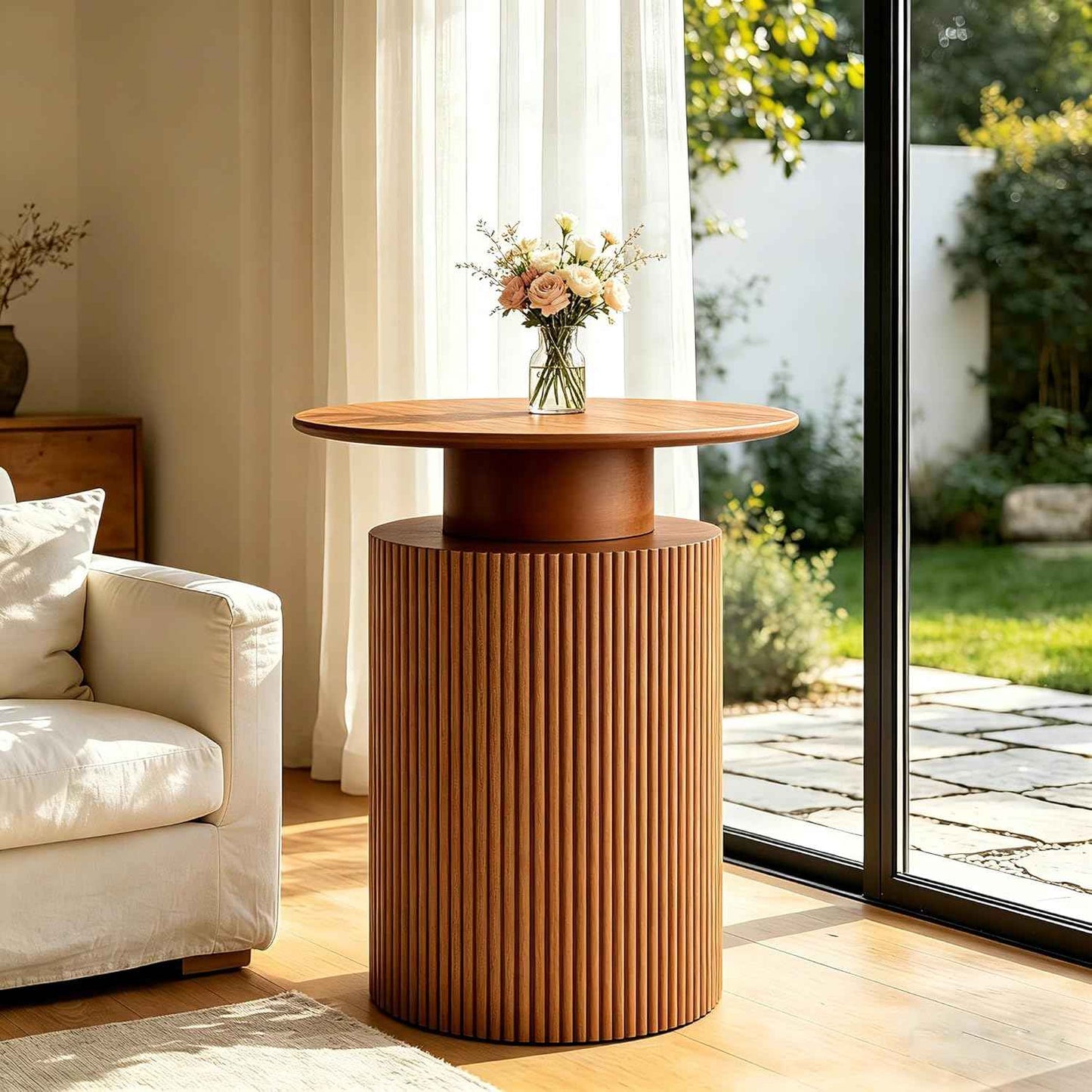 Round Side Table, 24" Fluted End Table with Storage, Mid Century Nightstand Modern Wood Bedside Accent Table, Farmhouse Circle End Tables for Couch, Home, Small Spaces, Bedroom, Living Room