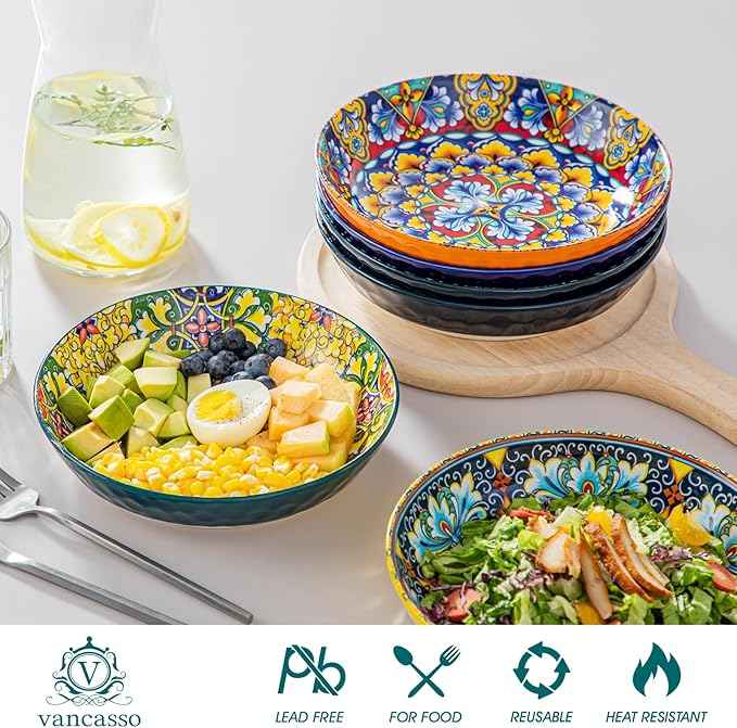 vancasso 32 Oz Pasta Bowls Sets of 6, Ceramic Large Colorful Salad Serving Bowls for Kitchen, Dishwasher & Microwave Safe, Soup Pasta Plates