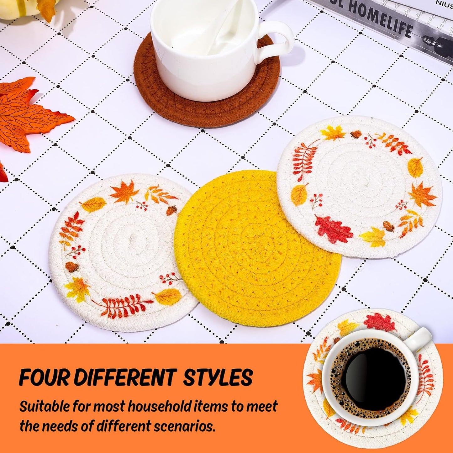 Whaline Fall Coasters Maple Leaves Handmade Braided Cotton Drink Coasters Orange Yellow Non-Slip Absorbent Cup Mats for Autumn Thanksgiving Table Protection Birthday Housewarming Gift Home Decor, 4Pcs