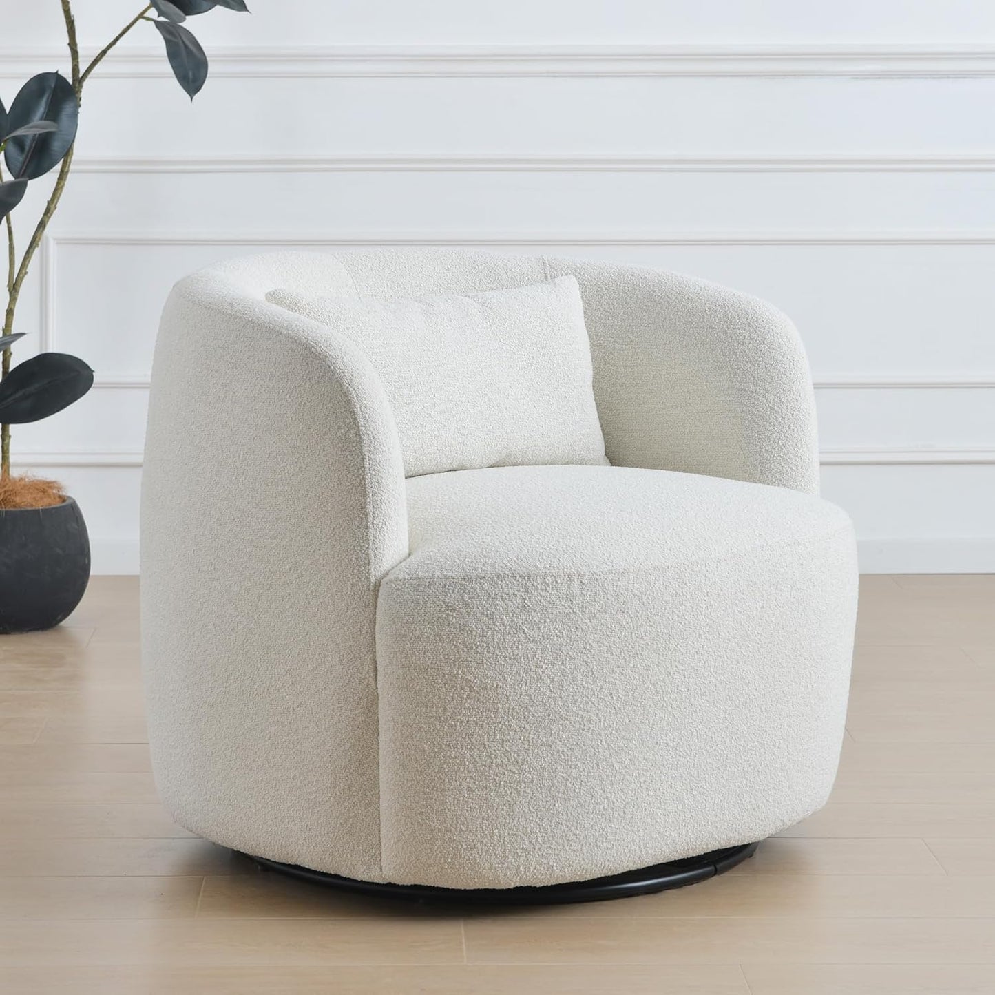 KINWELL 34" Wide Sherpa Swivel Barrel Chair, No Assembly Round Boucle Upholstered Accent Chair Armchair Single Sofa Chair with Toss Pillow for Living Room and Bedroom, Beige