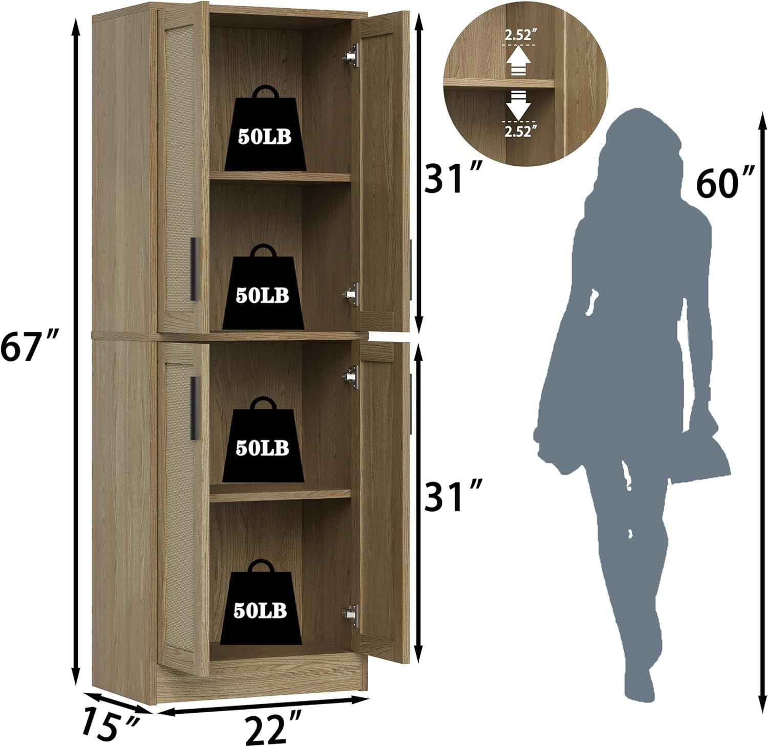 Pantry - Kitchen Pantry Cabinet, Tall Storage Rattan Cabinet with 4 Doors and Adjustable Shelves, Linen Closet Freestanding Cupboard for Dining Room Living Room, Laundry, Bathroom