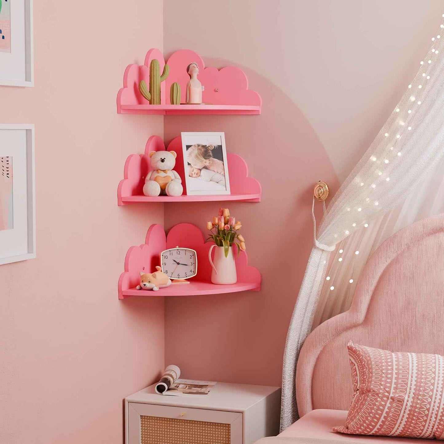 Cloud Floating Corner Shelves - Set of 3 Corner Wall Shelves for Kid’s Room, Corner Shelf Nursery Wall Deor, Small Cute Cloud Dispaly Shelf Wall Mounted for Toys, Plants & Storage,Pink.