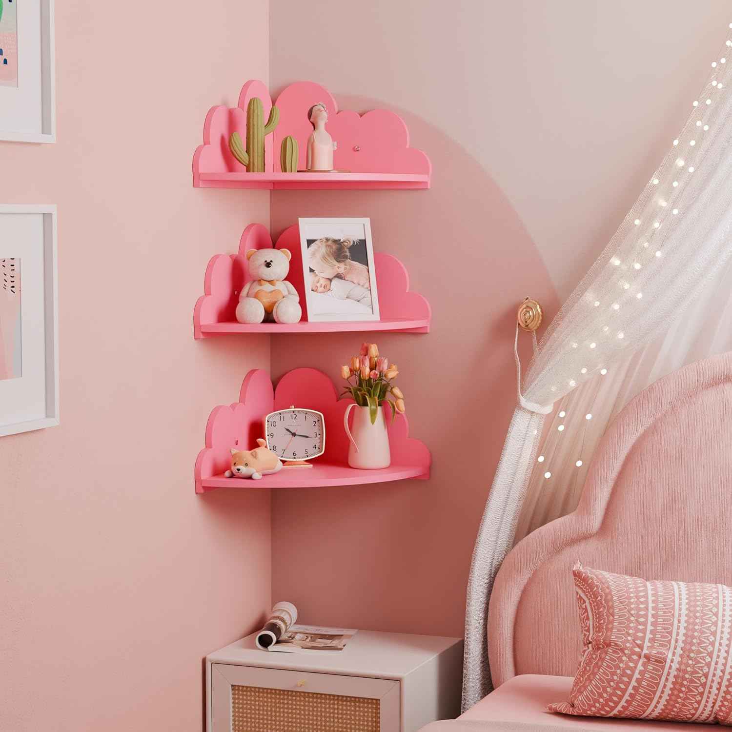 Cloud Floating Corner Shelves - Set of 3 Corner Wall Shelves for Kid’s Room, Corner Shelf Nursery Wall Deor, Small Cute Cloud Dispaly Shelf Wall Mounted for Toys, Plants & Storage,Pink.