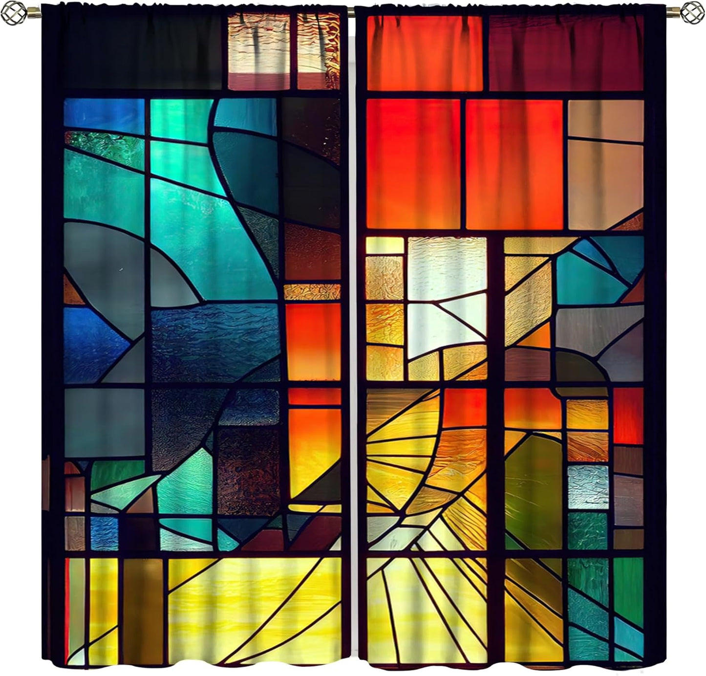 Stained Glass Curtains,Retro Abstract Colorful Geometry Textures Art Home Decor Drapes for Bedroom Living Room Kitchen Window Treatment 2 Panels Set Total Size 63" W X 72" L Inch