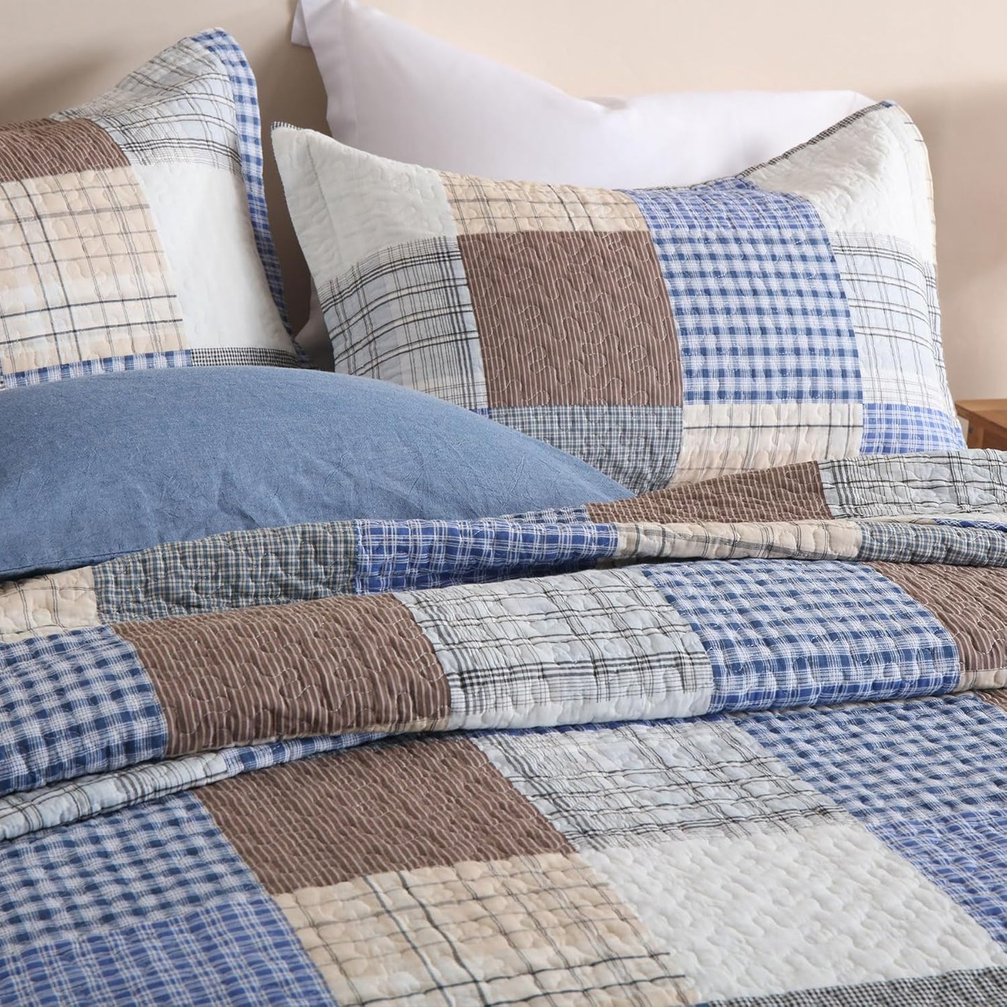 Secgo Queen Comforter Set for Bed - 100% Cotton Quilts Queen Size, Bule, Plaid Bedspreads (90 * 98 Inch) with 2 Pillow Shams, Patchwork Reversible Lightweight Bedding