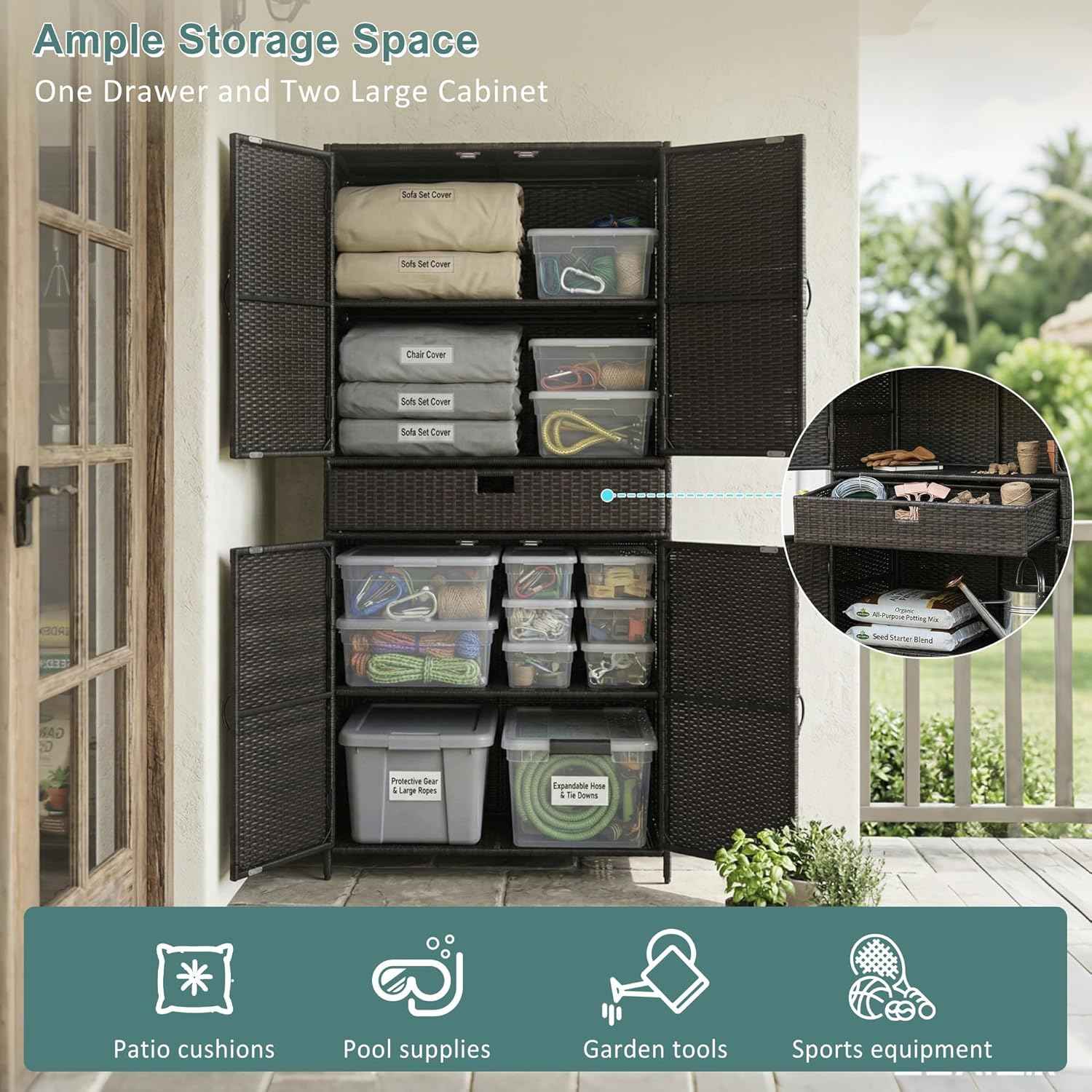 Wicker Outdoor Storage Cabinet - Rattan Pool Towel Storage Cabinet with Adjustable Shelves and Drawer, Brown+Black Tall Patio Cabinets Organizer with Doors for Garden, Backyard, Poolside