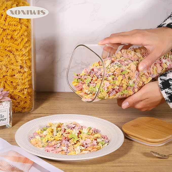 73oz 3PCS Sqaure Spaghetti Pasta Storage Containers with Lids, Pantry Containers Tall Glass Tight Food Storage Jars with Lids for Penne, Macaroni, Lasagna, Fusilli, Cereal, Flour, Sugar, Oats