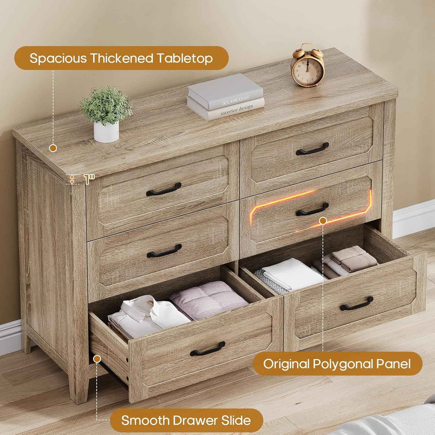 Farmhouse 6 Drawer Dresser for Bedroom, 48'' Wide Chest of Drawers with Metal Handles, Wood Dresser TV Stand, Rustic Storage Organizer for Closet, Living Room, Grey Oak
