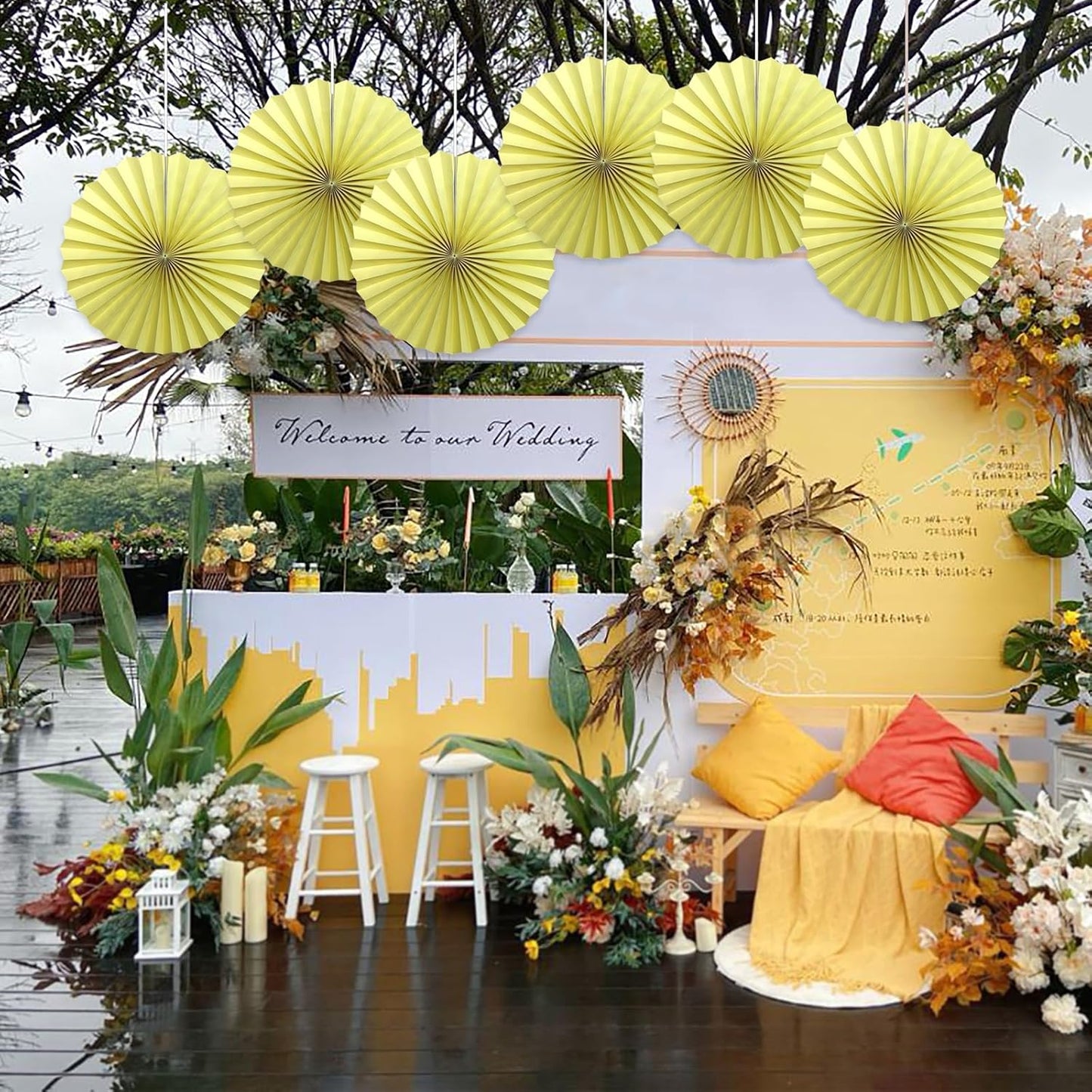 BARTHEW Yellow Hanging Paper Fans,Yellow Accessories Paper Decorations for Party,Color Party Decorations,Bee Themed Classroom Decor,16in Hanging Paper Fans 30 Color DIY Set （Light Yellow）